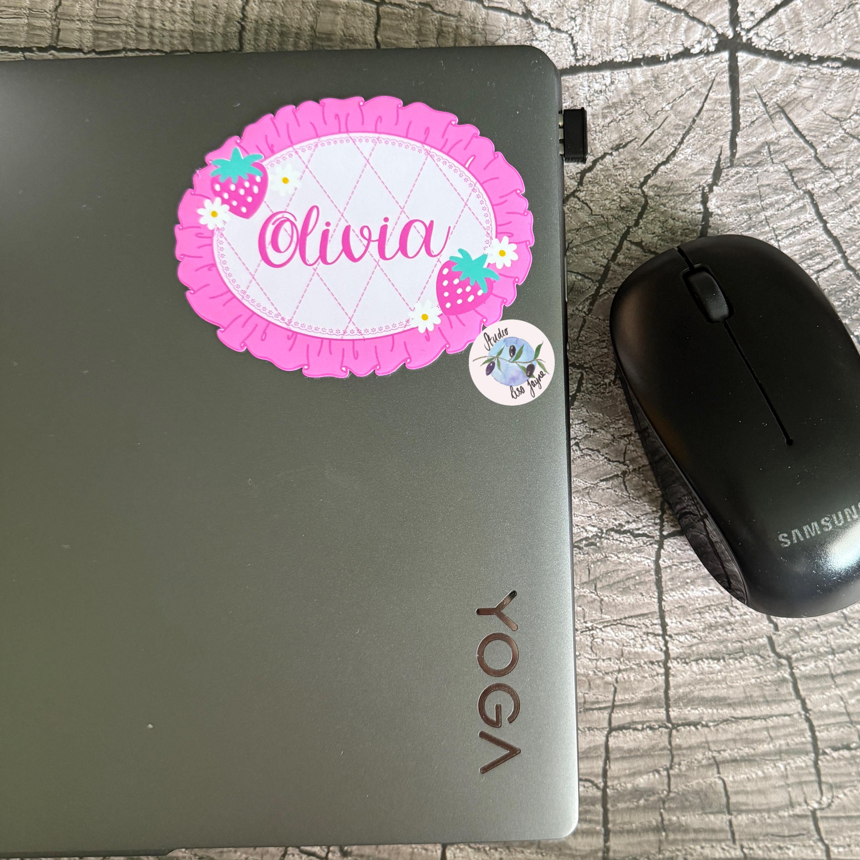 Coquette Strawberry Name Sticker Label Kids - a laptop and an Olivia personalised name sticker 