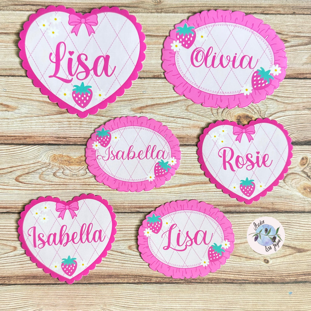 Coquette Strawberry Name Sticker Label Kids - a group of pink and white tags with name