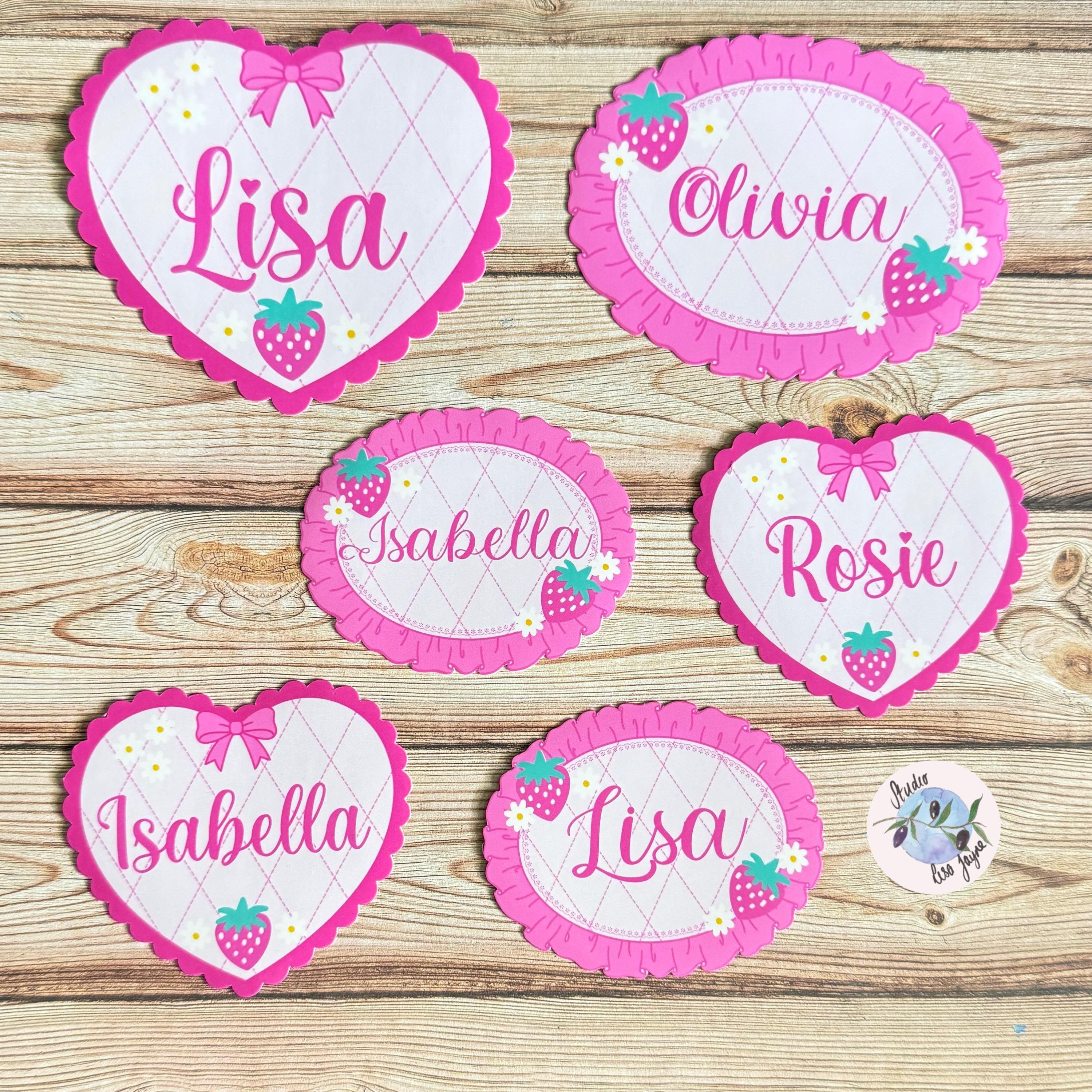 Coquette Strawberry Name Sticker Label Kids - a group of pink and white tags with name