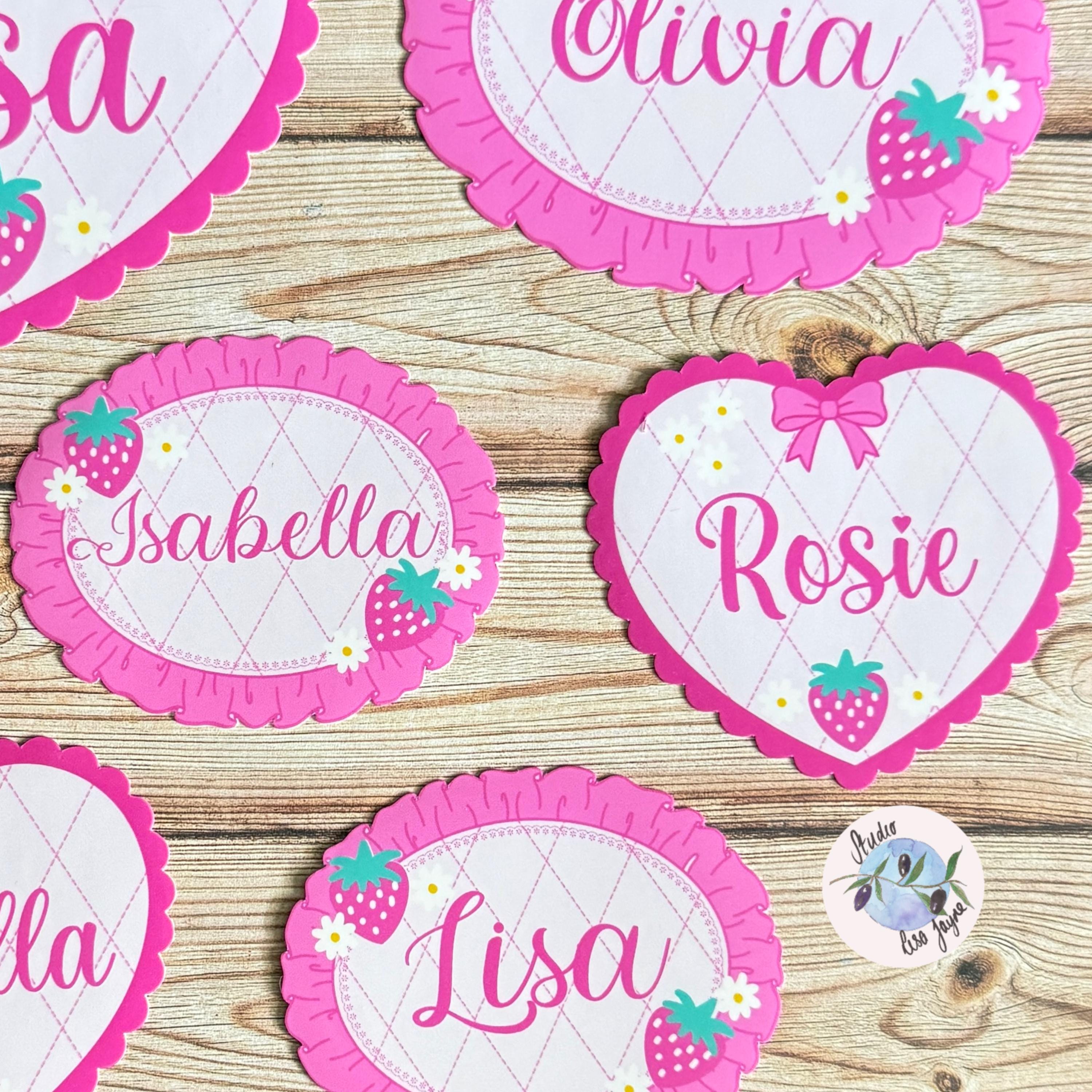 Coquette Strawberry Name Sticker Label Kids - a group of pink and white heart shaped strawberry name tags