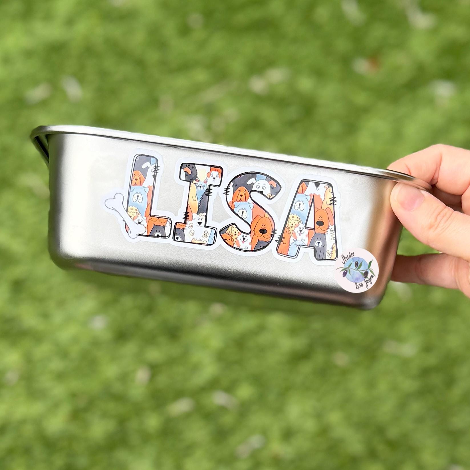 Dog Puppy Name Sticker Sticker Label Illustrated  Handmade - a hand holding a metal container with a name on it