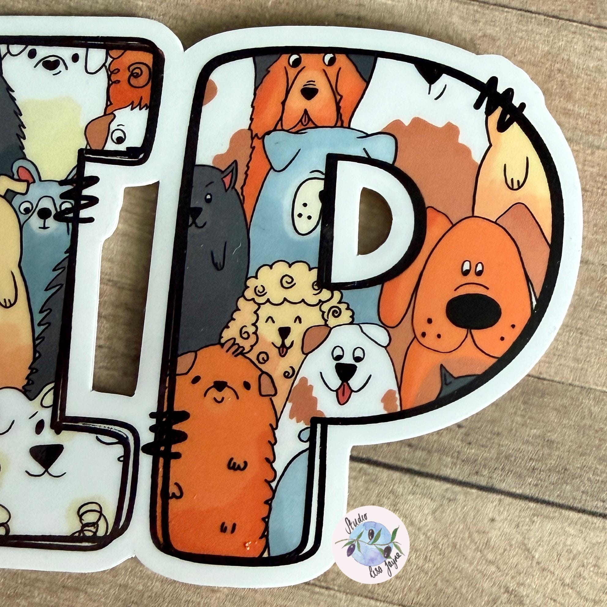Dog Puppy Name Sticker Sticker Label Illustrated  Handmade - a sticker with cartoon animals on it