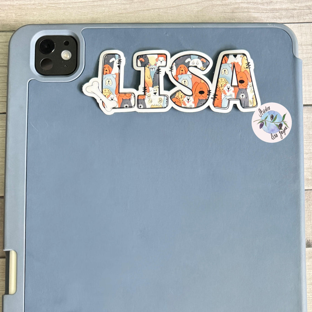Dog Puppy Name Sticker Sticker Label Illustrated  Handmade - a blue tablet case with a sticker on it