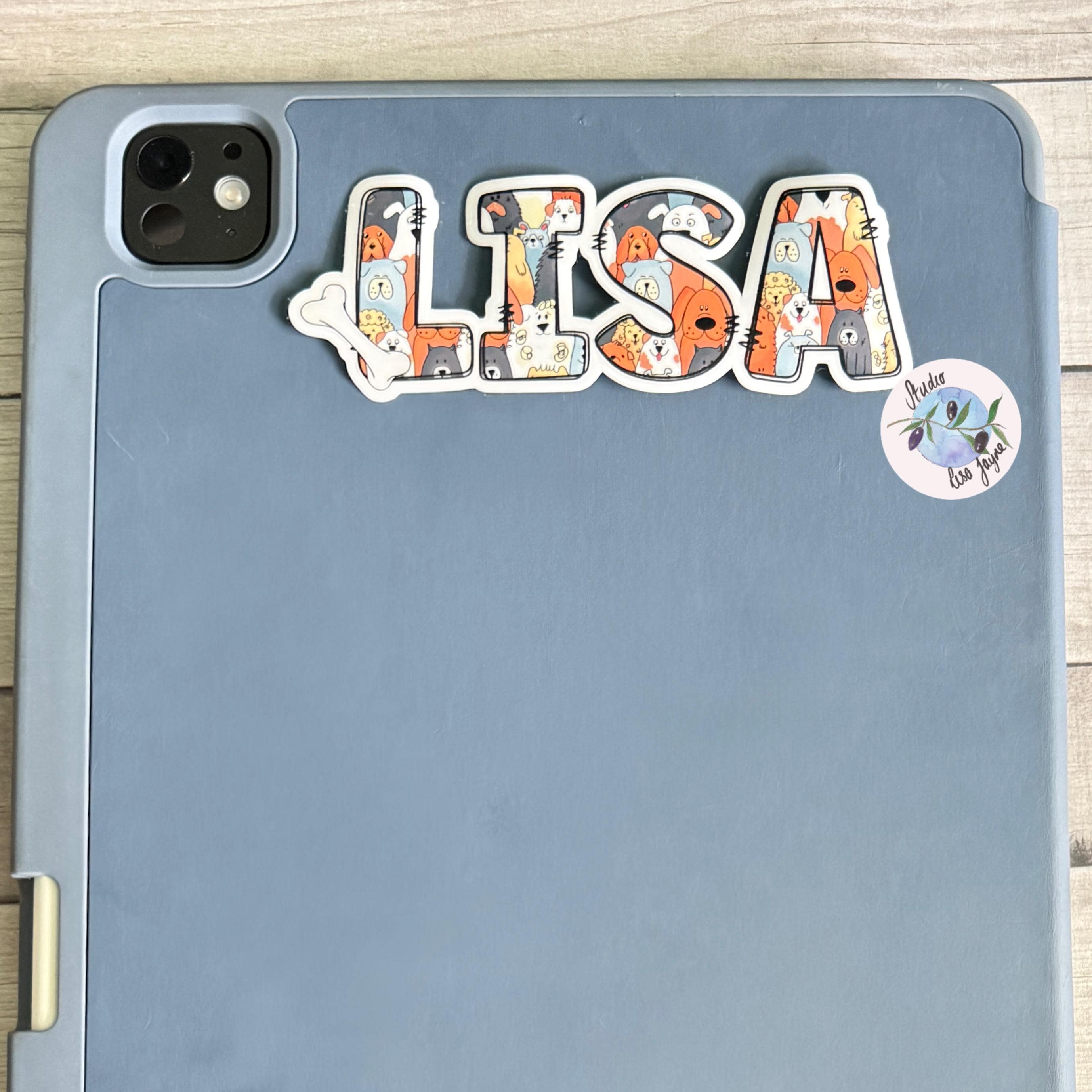 Dog Puppy Name Sticker Sticker Label Illustrated  Handmade - a blue tablet case with a sticker on it