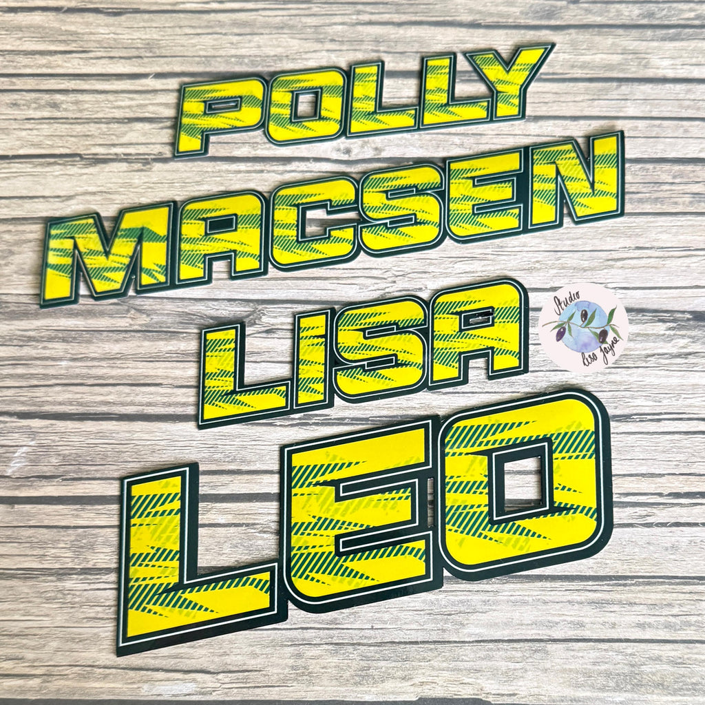 Sport Retro Name Sticker Sticker Label - a yellow and green text on a wood surface