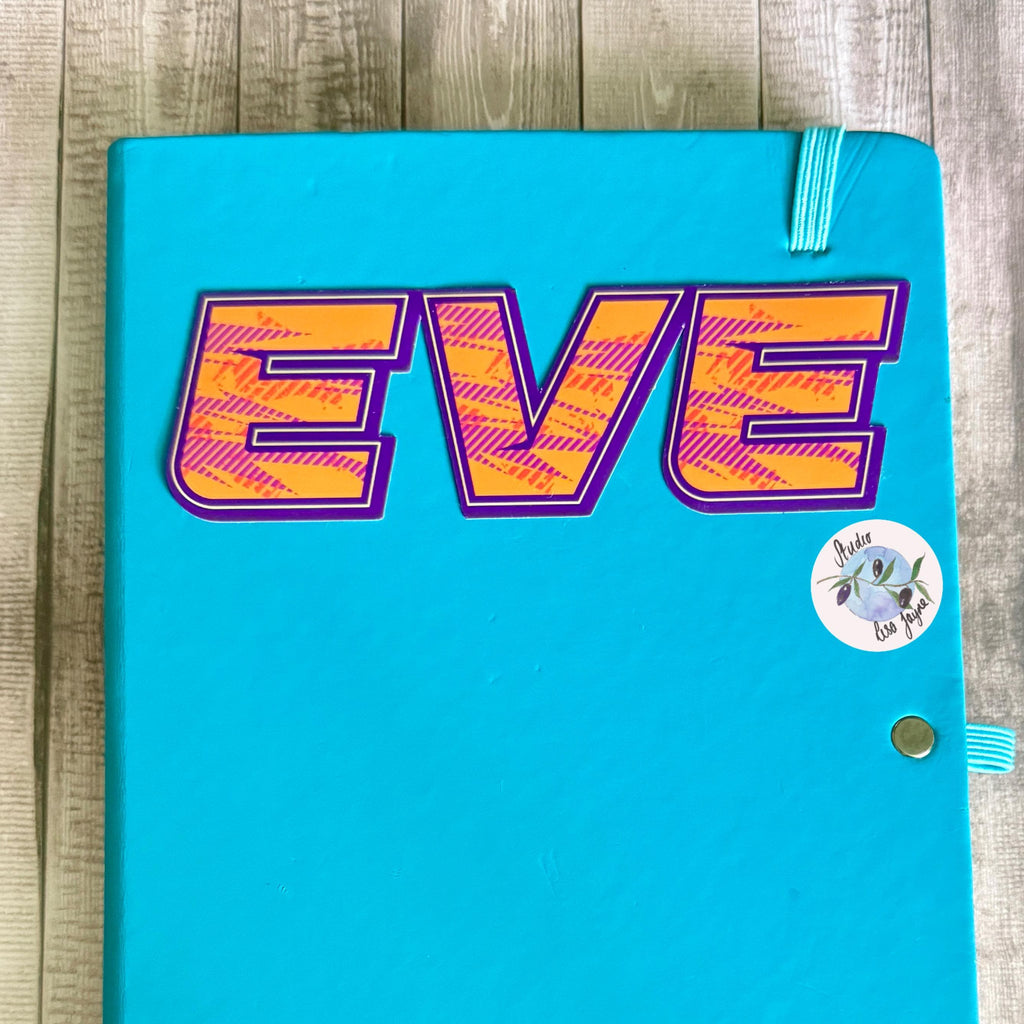 Sport Retro Name Sticker Sticker Label - a blue notebook with a sticker on it