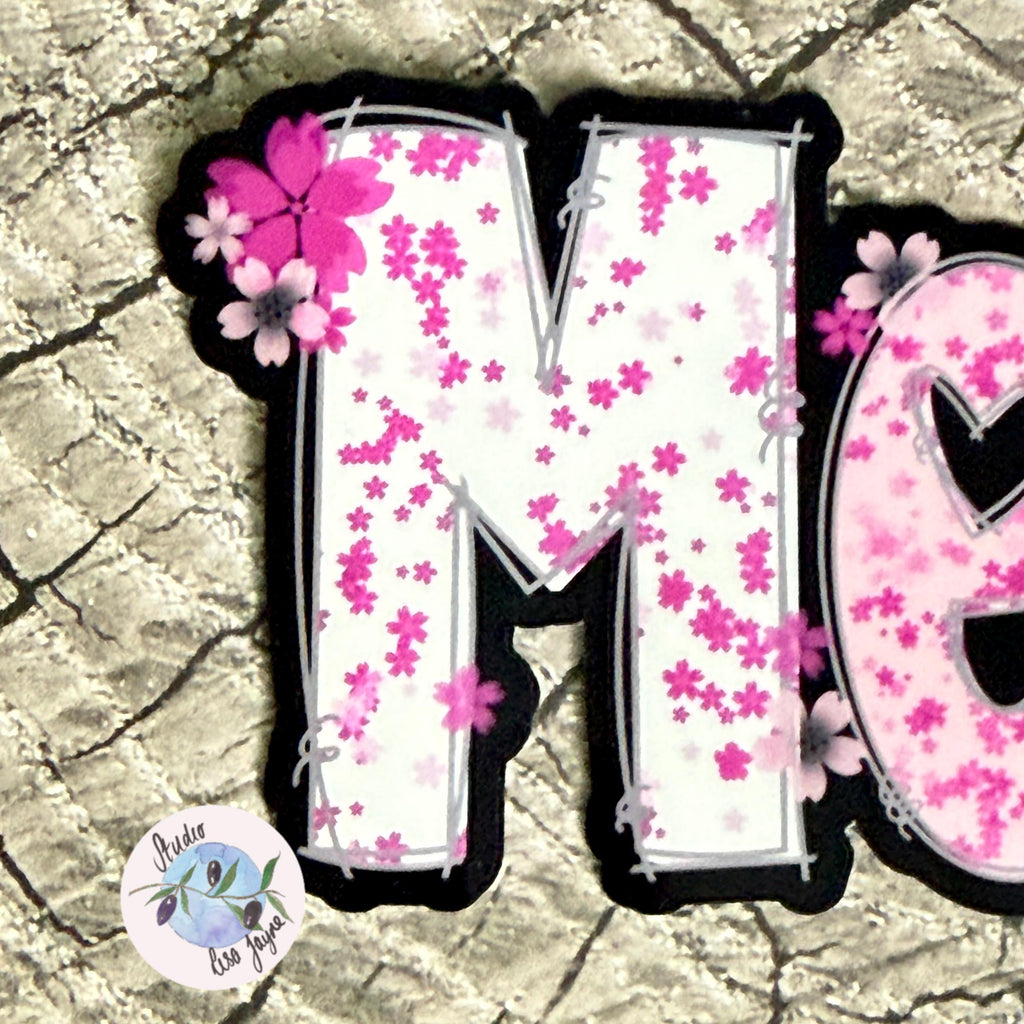 Cherry Blossom Sakura Name Sticker Label - a pink and white letter with flowers on a cracked wood surface