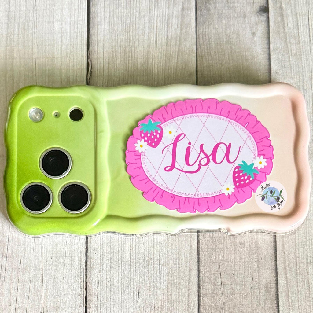 Coquette Strawberry Name Sticker Label Kids - a green and white cell phone case with pink floral name sticker with he name Lisa