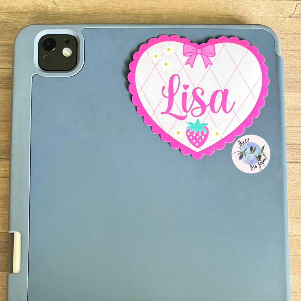 Coquette Strawberry Name Sticker Label Kids - a tablet with a heart sticker on it