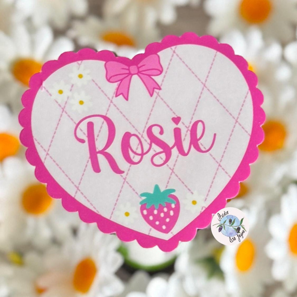 Coquette Strawberry Name Sticker Label Kids - a heart shaped label with the name Rosie with flowers background