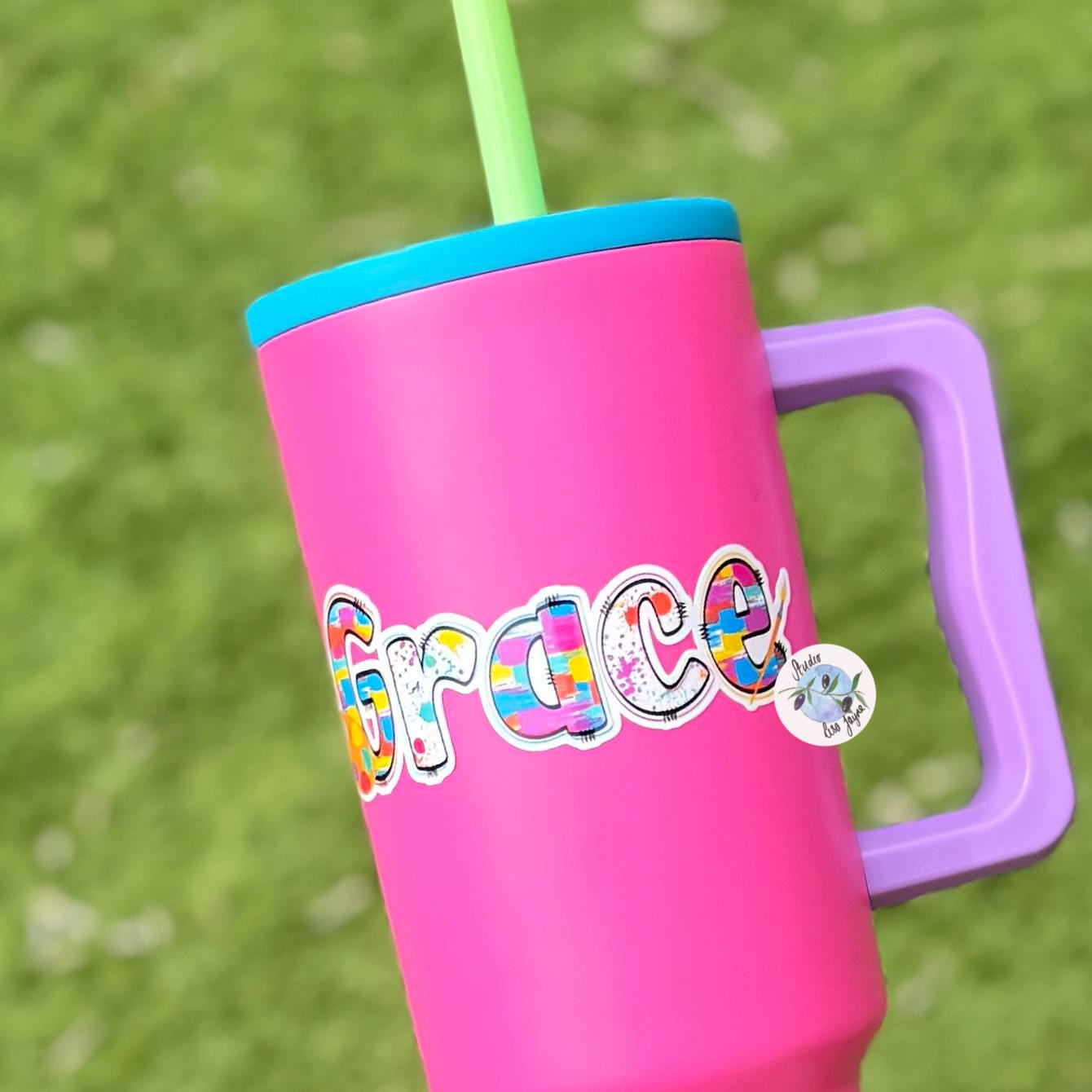Artist Painter Painting Name Sticker Label - a pink cup with a straw