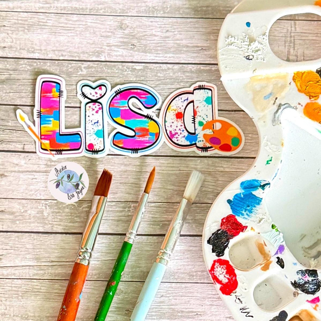 Artist Painter Painting Name Sticker Label - a paint palette and paint brushes on a wood surface