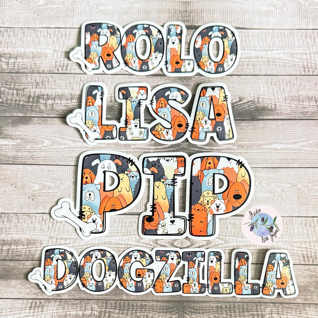 Dog Puppy Name Sticker Sticker Label Illustrated  Handmade - a group of letters on a wood surface