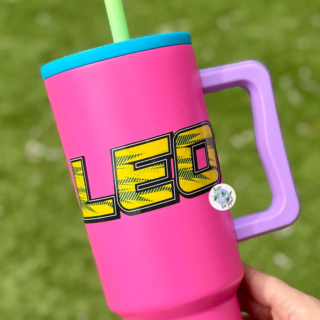 Sport Retro Name Sticker Sticker Label - a pink and purple cup with a straw
