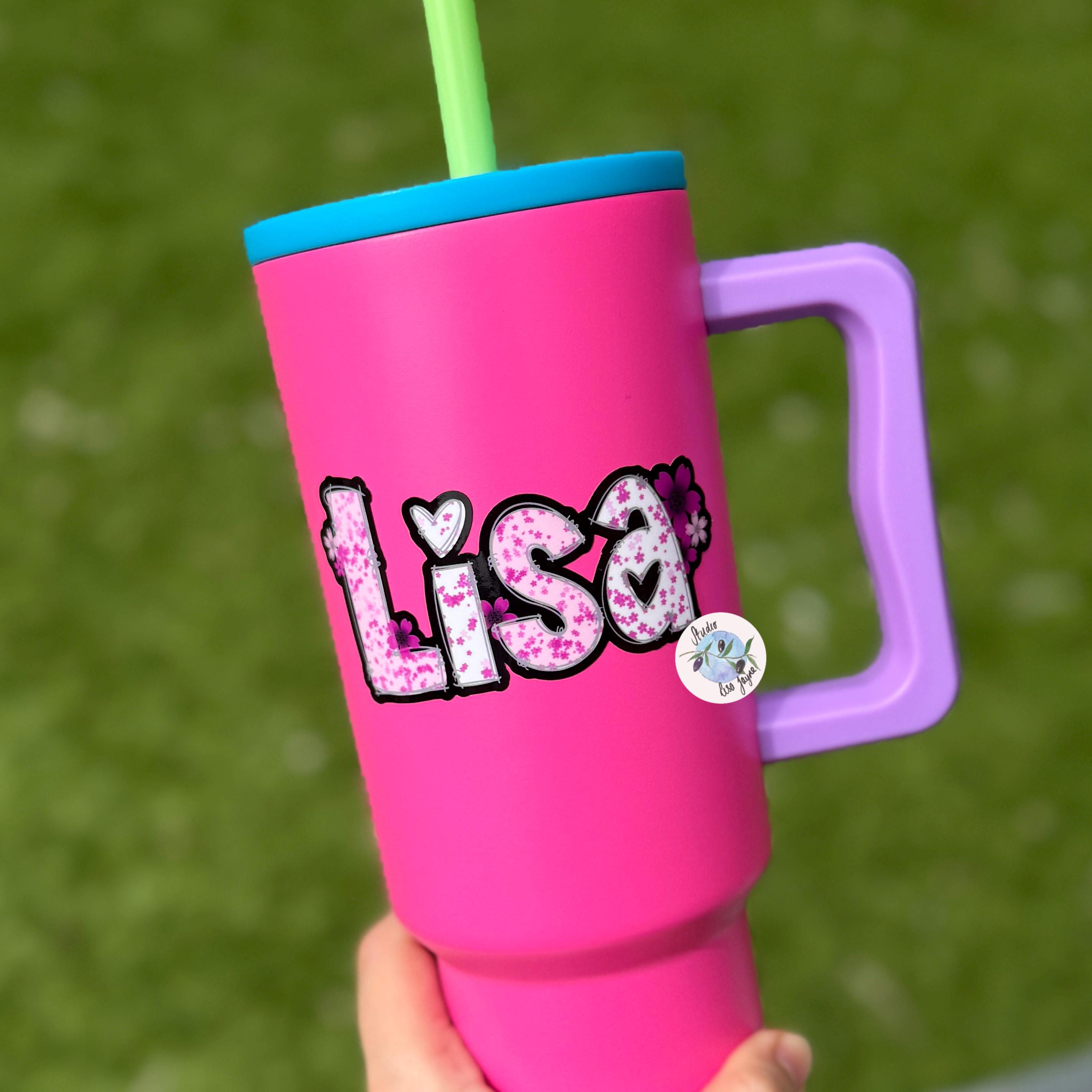 Cherry Blossom Sakura Name Sticker Label - a person holding a pink cup with a straw