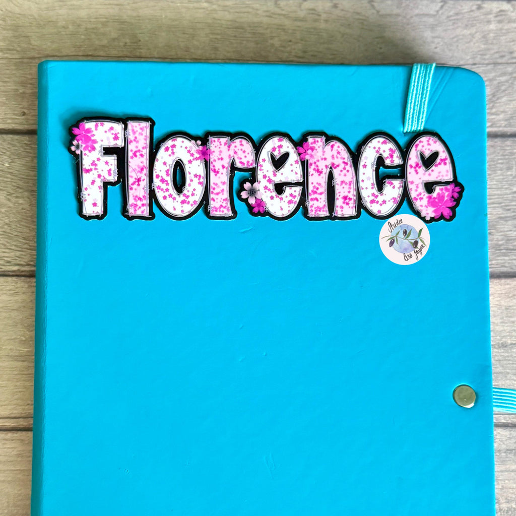 Cherry Blossom Sakura Name Sticker Label - a blue notebook with a name on it