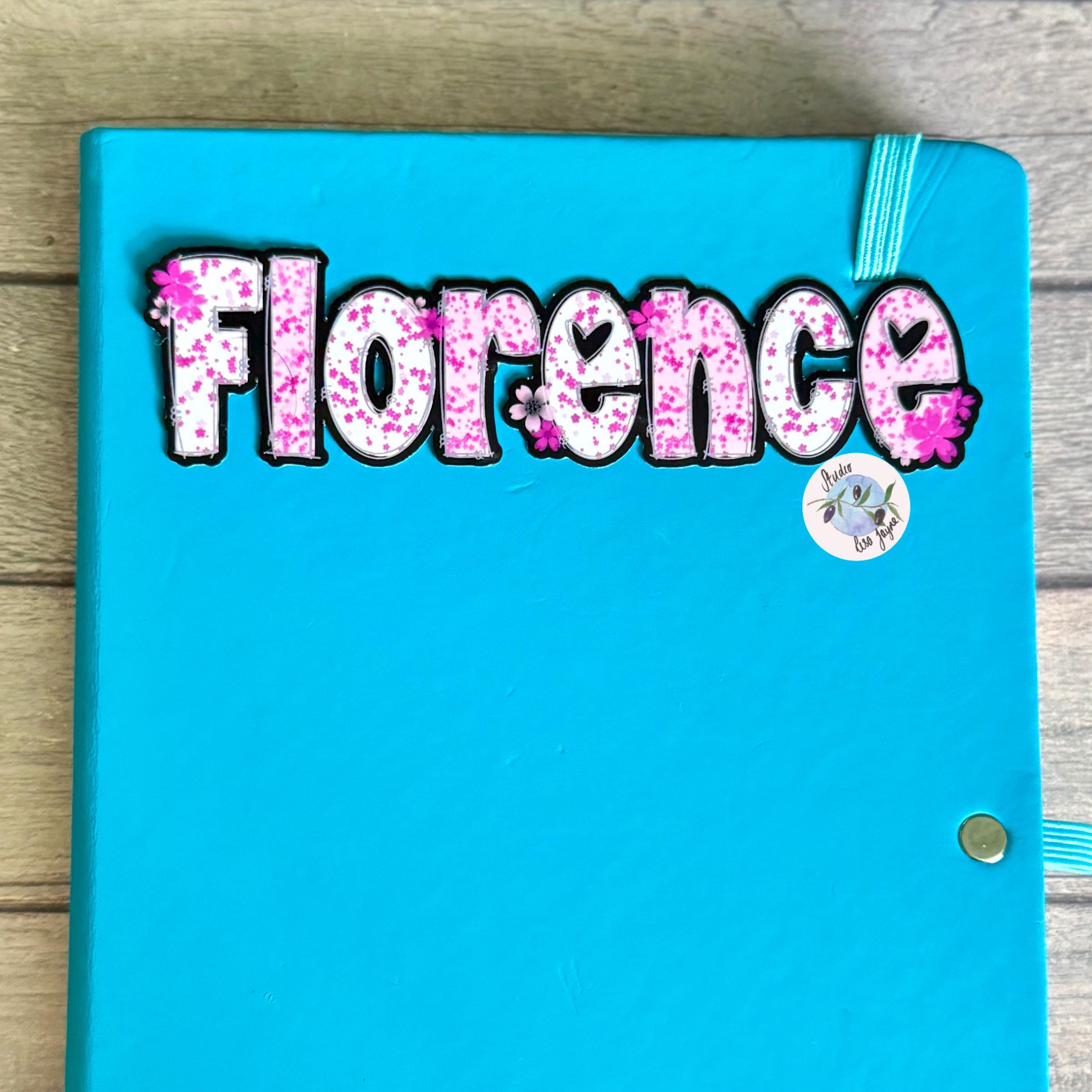 Cherry Blossom Sakura Name Sticker Label - a blue notebook with a name on it