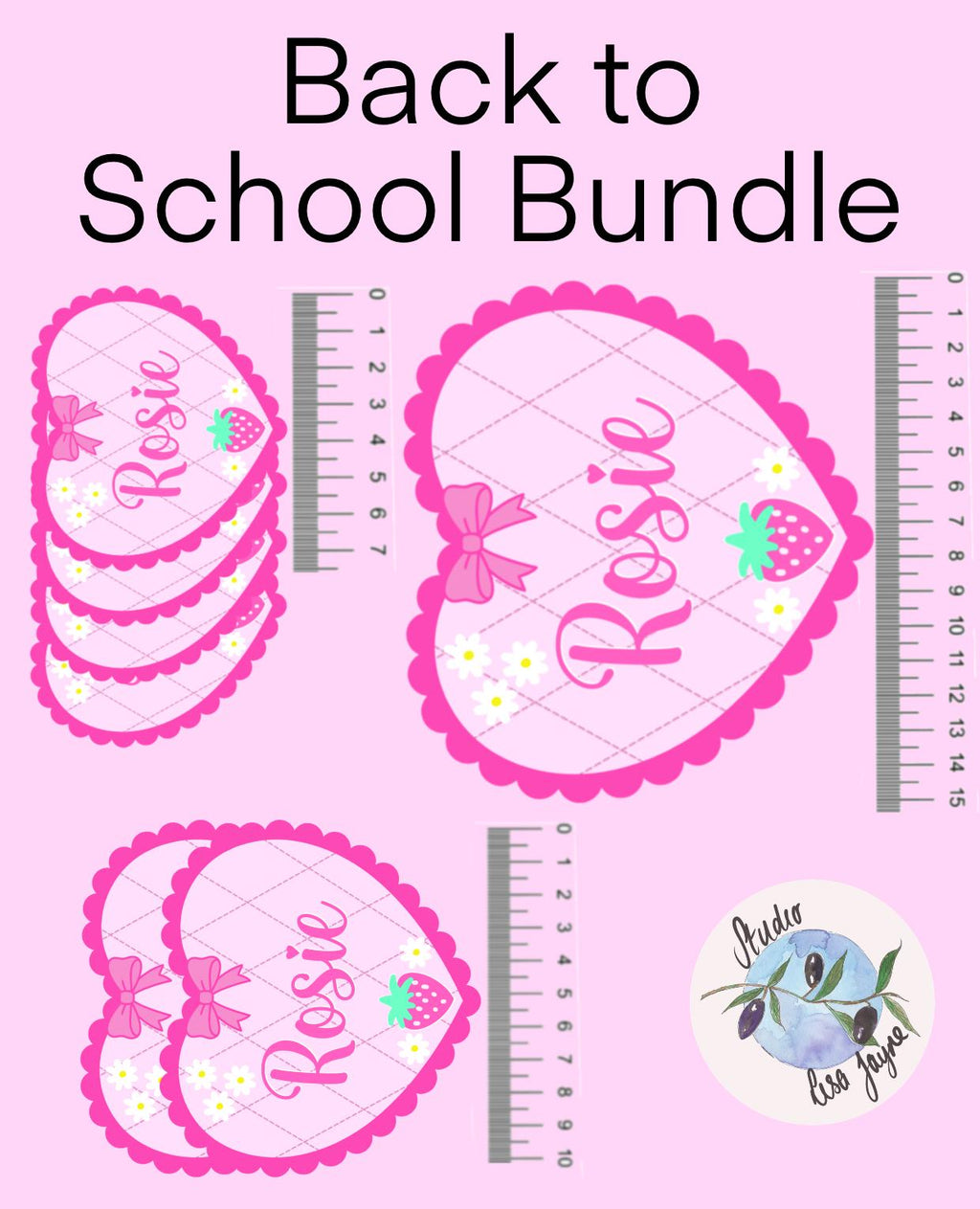 Coquette Strawberry Name Sticker Label Kids - a pink heart shaped stickers with white flowers and a ruler