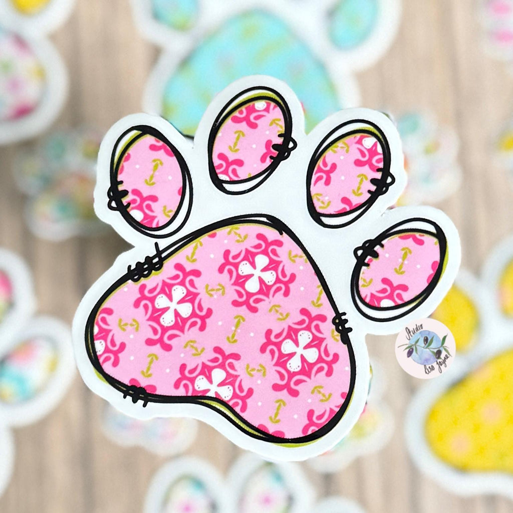 Floral Paw Print - Cat, Dog - Waterproof Vinyl Sticker - a sticker of a paw print with pink floral pattern