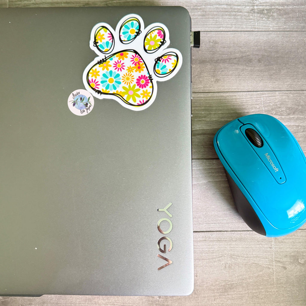 Floral Paw Print - Cat, Dog - Waterproof Vinyl Sticker - a laptop with a paw print sticker and a computer mouse