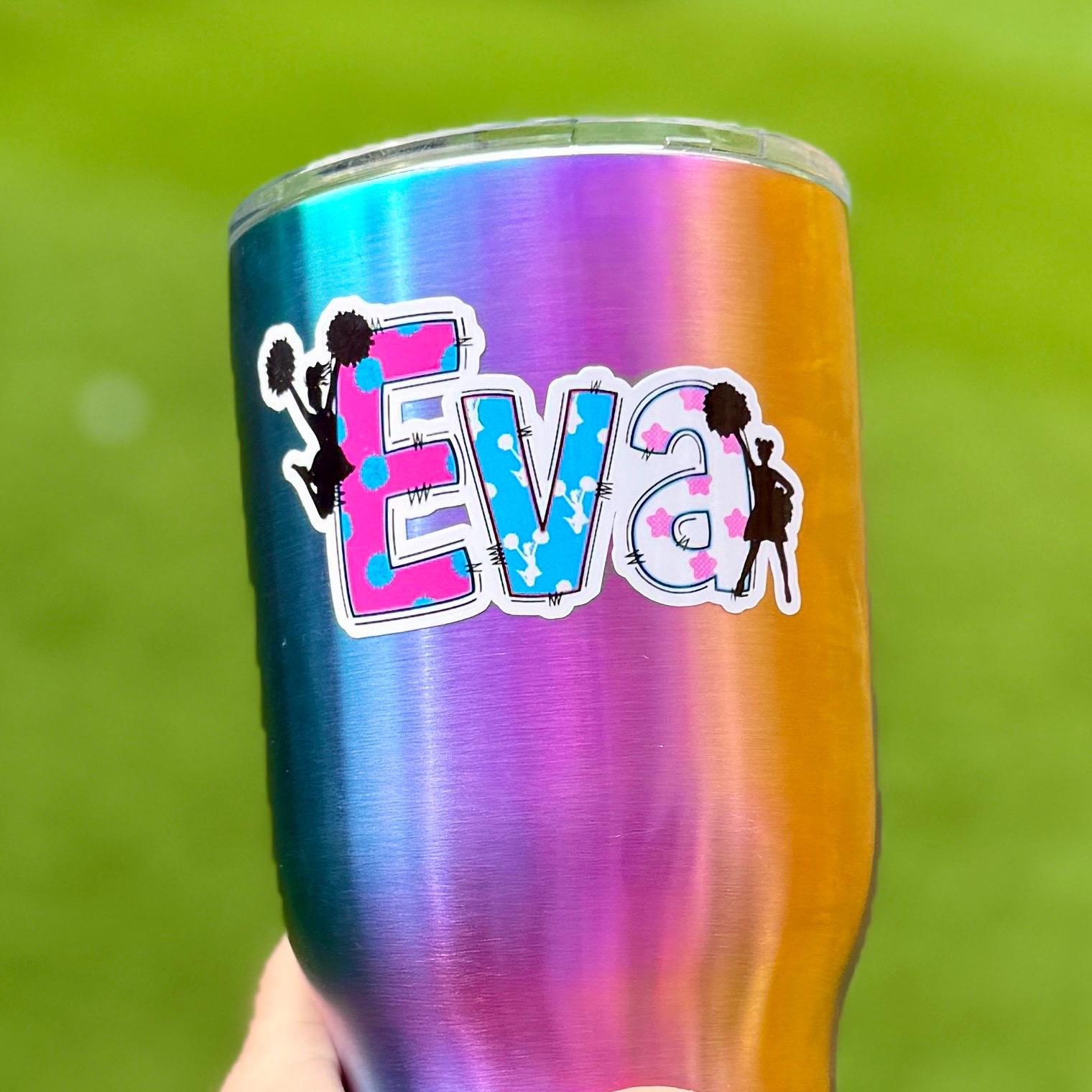 Cheerleader Name Sticker Label - a person holding a colourful cup drink bottle