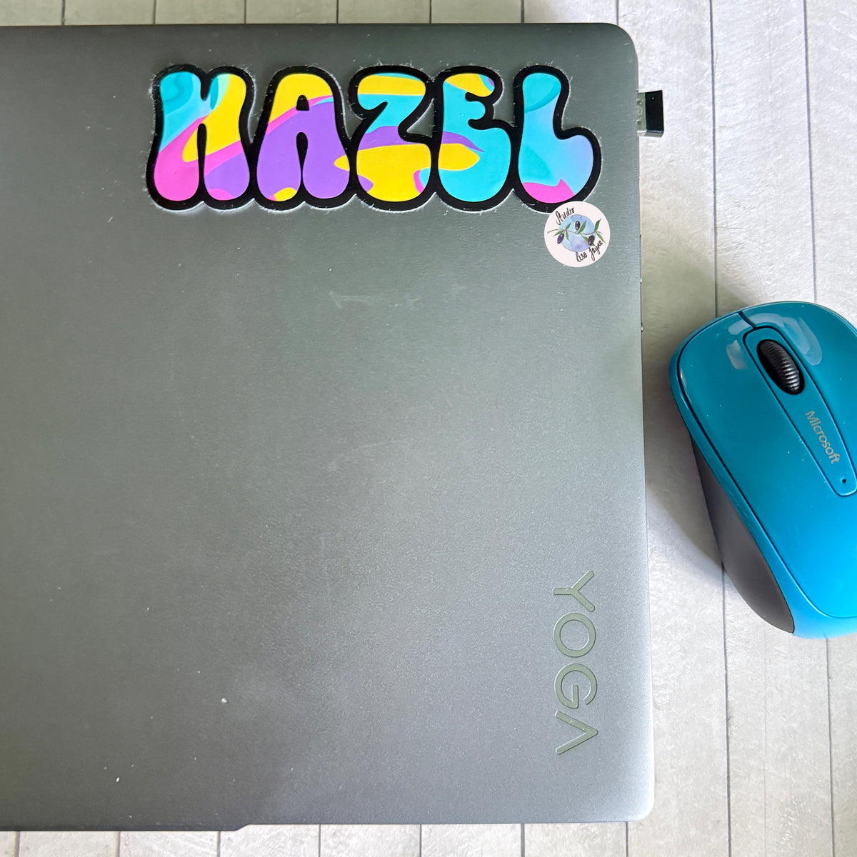 Colourful Retro Swirly Name Sticker Label - a laptop and a mouse