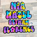 Colourful Retro Swirly Name Sticker Label - a group of colorful letters on a wood surface
