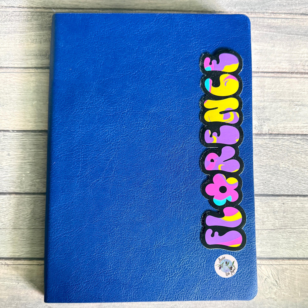 Colourful Retro Swirly Name Sticker Label - a blue book with a sticker on it