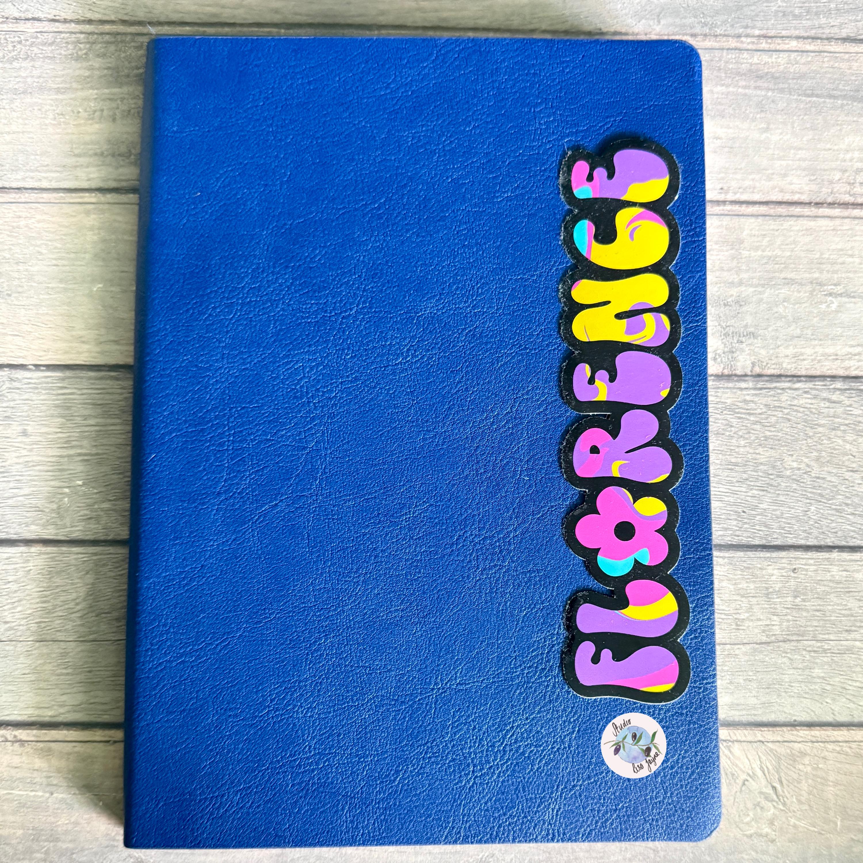 Colourful Retro Swirly Name Sticker Label - a blue book with a sticker on it