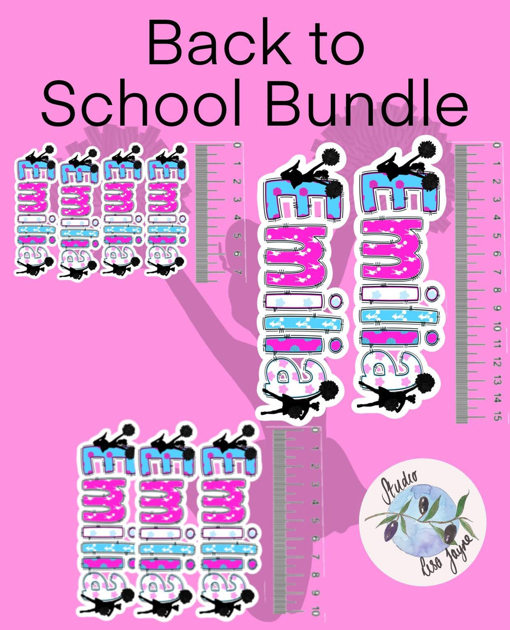 Cheerleader Name Sticker Label - a pink and blue stickers and ruler