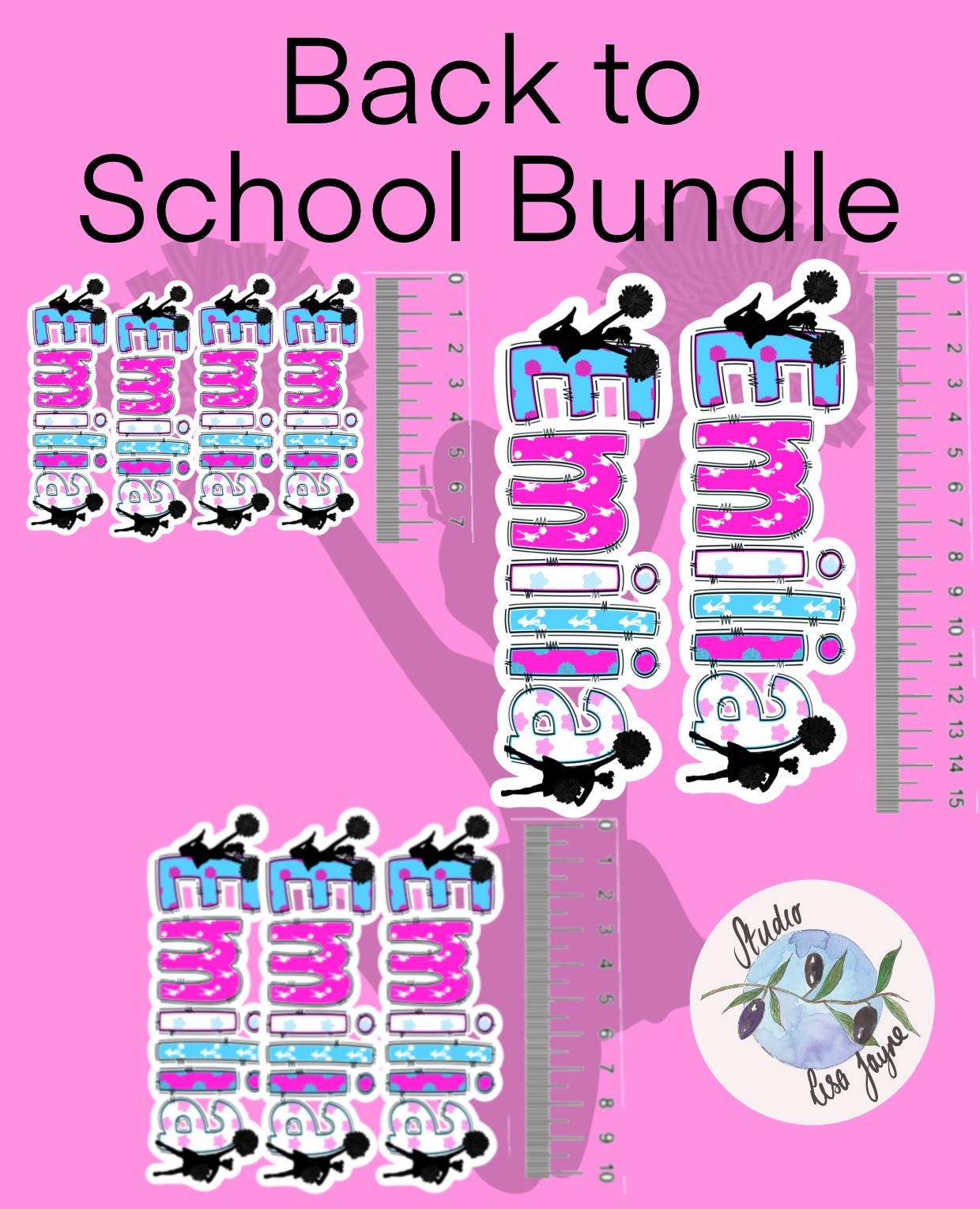 Cheerleader Name Sticker Label - a pink and blue stickers and ruler