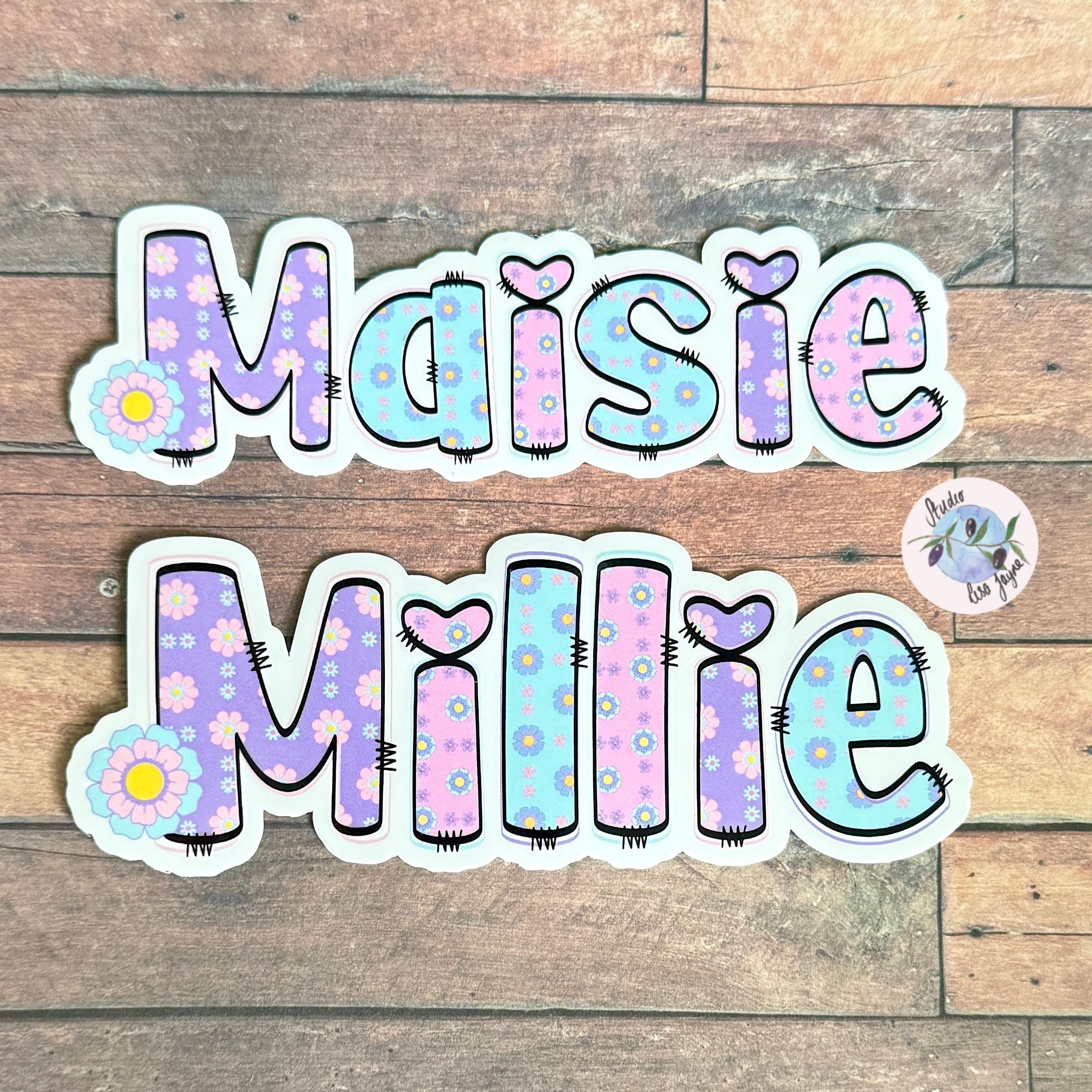 Retro Floral Personalised Name Waterproof Vinyl Sticker For Smooth Surfaces - Maisie and Millie in a Pastel style