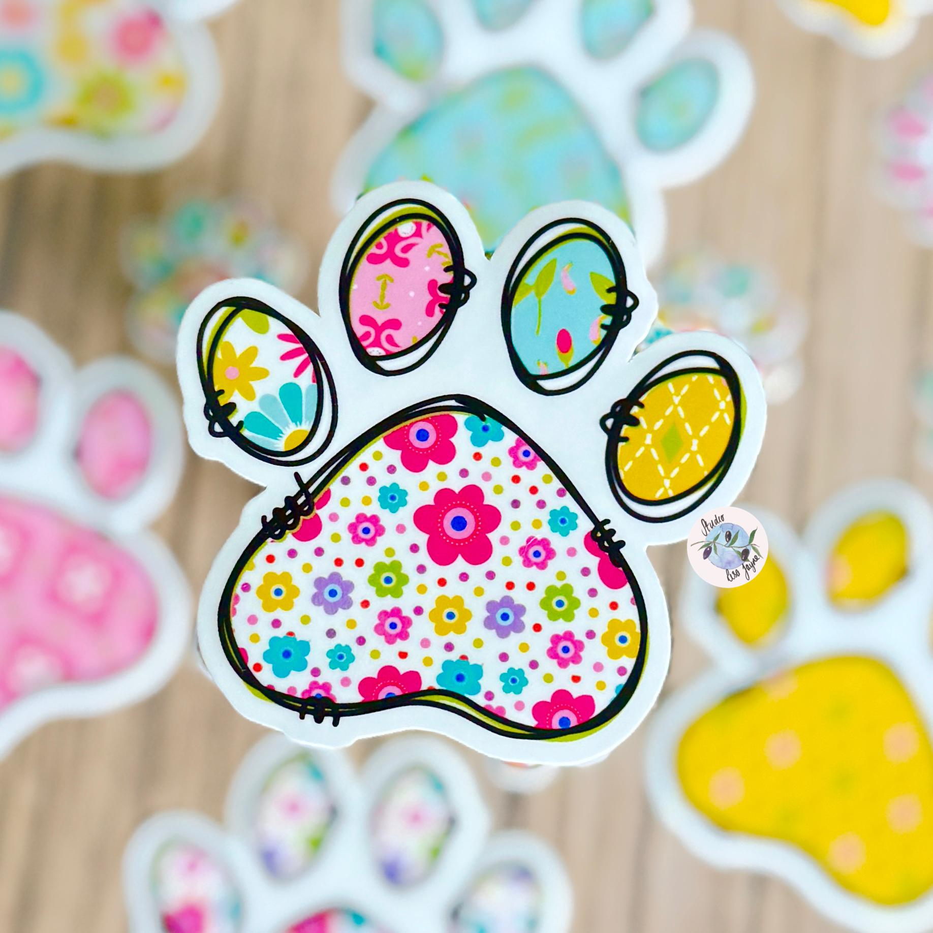 Floral Paw Print - Cat, Dog - Waterproof Vinyl Sticker - a sticker of a paw print in mix and match style