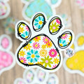 Floral Paw Print - Cat, Dog - Waterproof Vinyl Sticker - a sticker of a paw print with flowers with pretty colourful floral pattern 