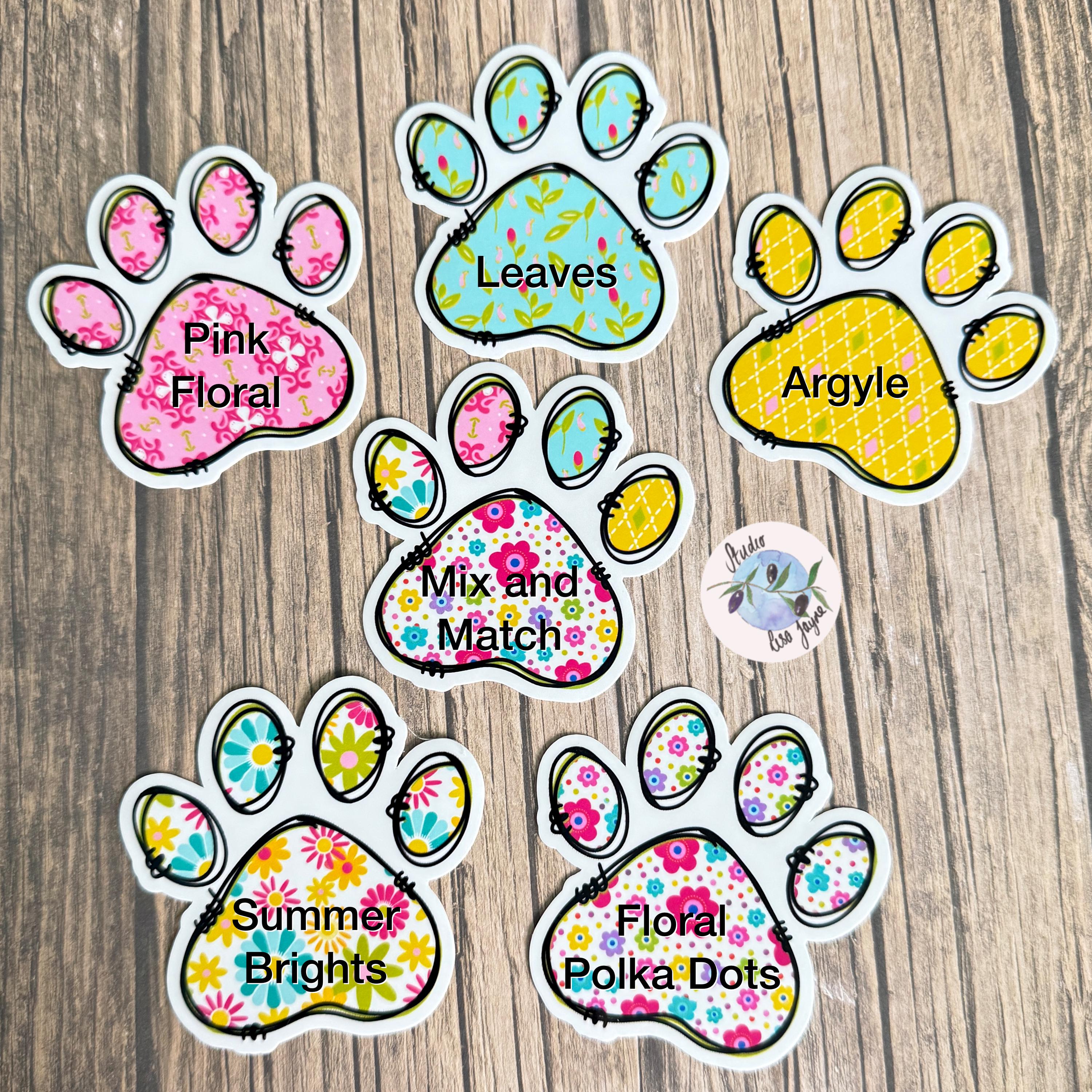 Floral Paw Print - Cat, Dog - Waterproof Vinyl Sticker - a group of stickers with paw prints.  Examples of variation options
