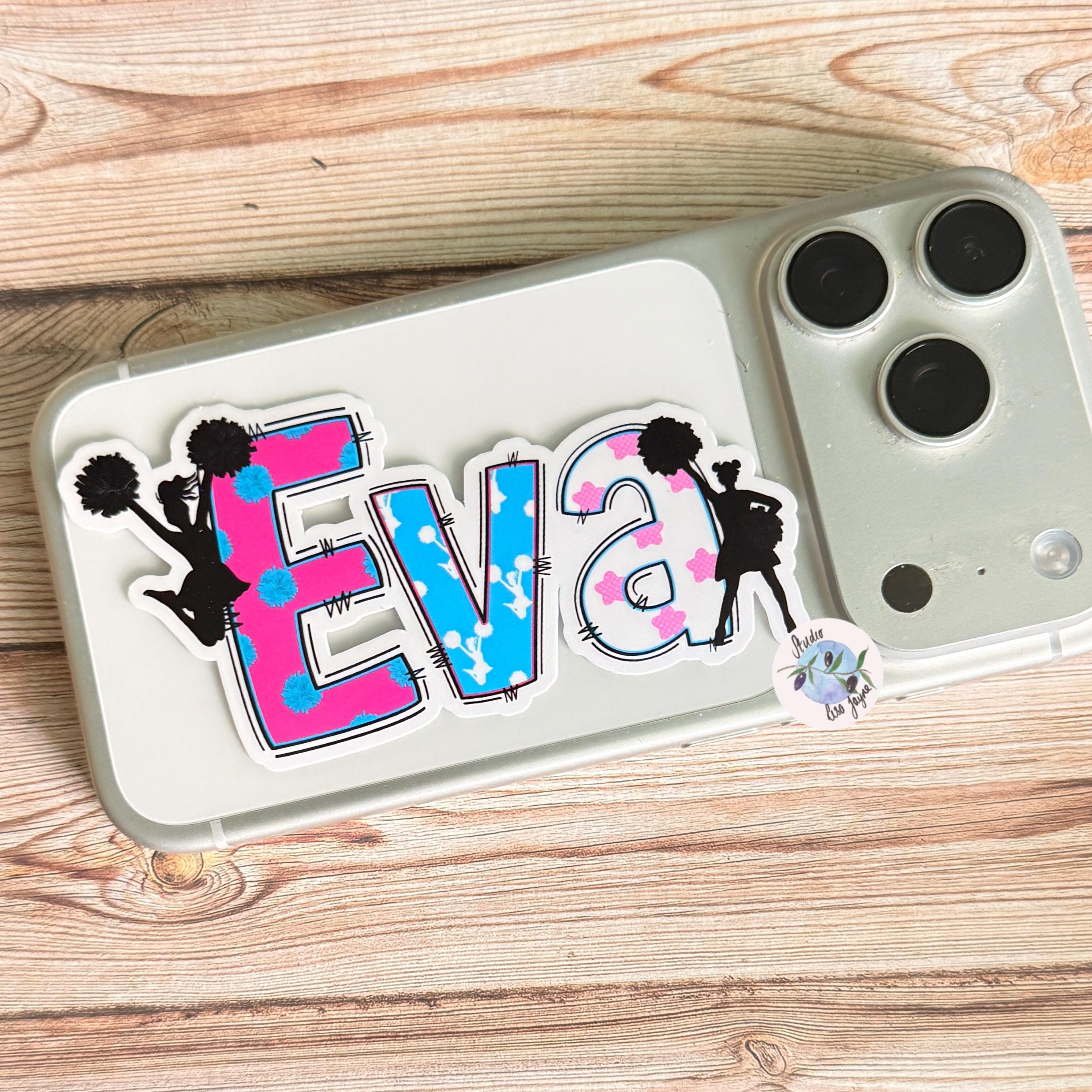 Cheerleader Name Sticker Label - A mobile phone with Eva name sticker on a wood surface