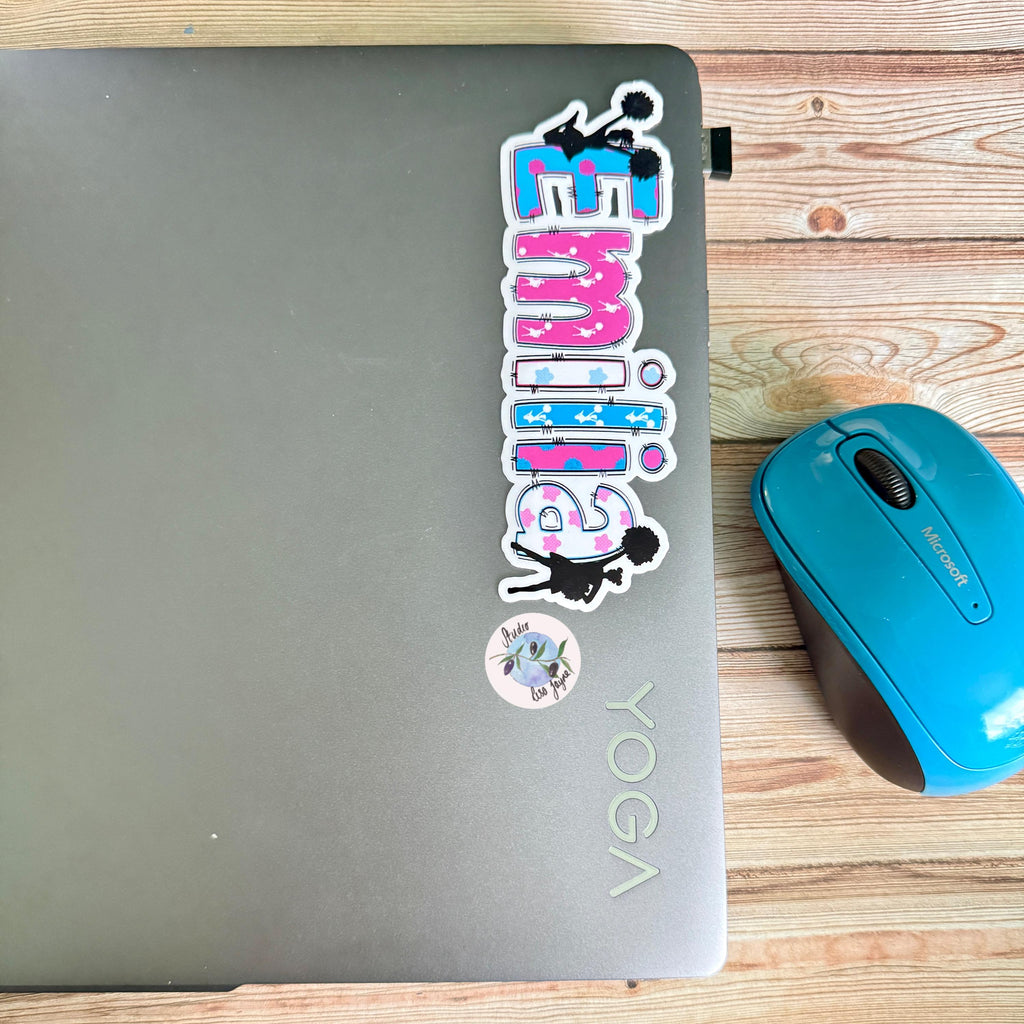 Cheerleader Name Sticker Label - a laptop and a mouse on a table with an Emily name sticker