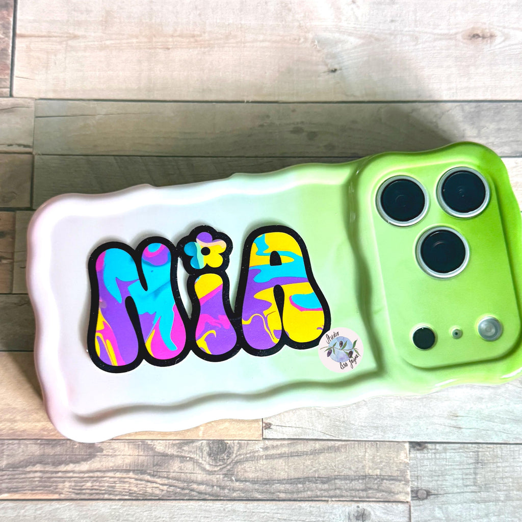 Colourful Retro Swirly Name Sticker Label - a green and white device with three buttons