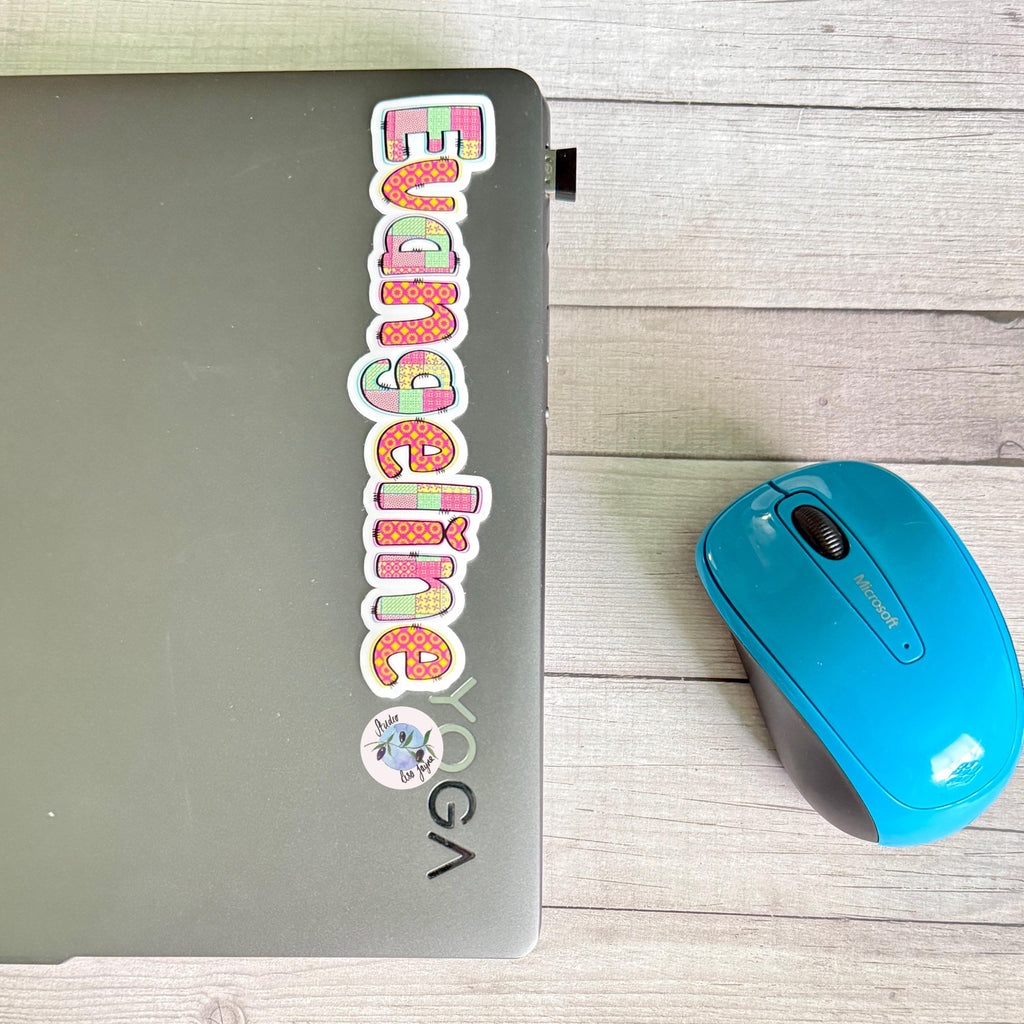 Patchwork Style Name Sticker Label - a laptop and a computer mouse