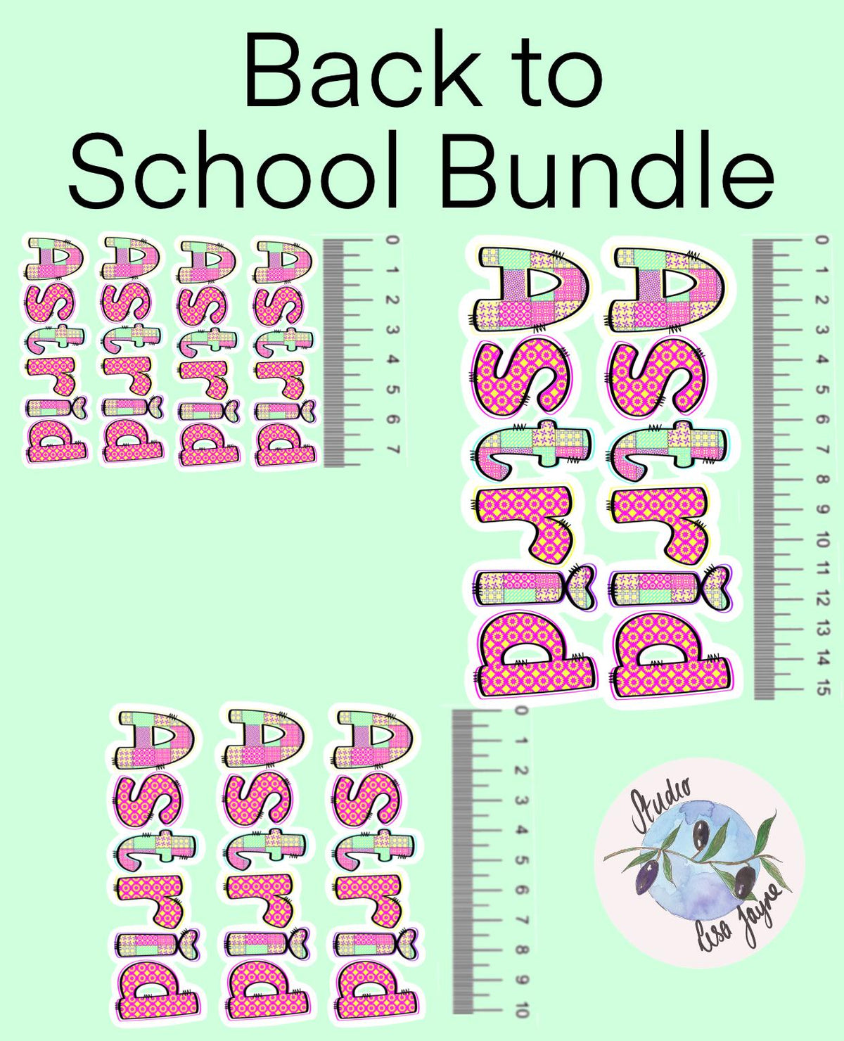 Patchwork Style Name Sticker Label - a ruler and letters on a green background