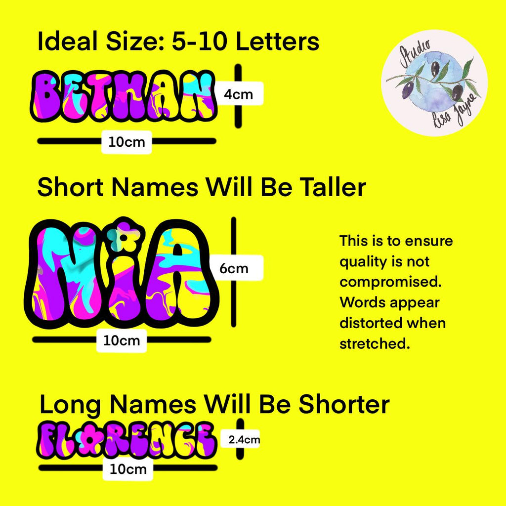 Colourful Retro Swirly Name Sticker Label - a yellow background with text and words