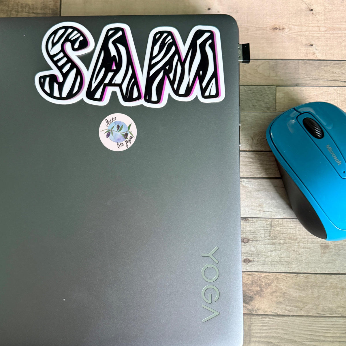 Zebra Print Name Sticker Label Kids - a laptop with personalised sticker and a computer mouse