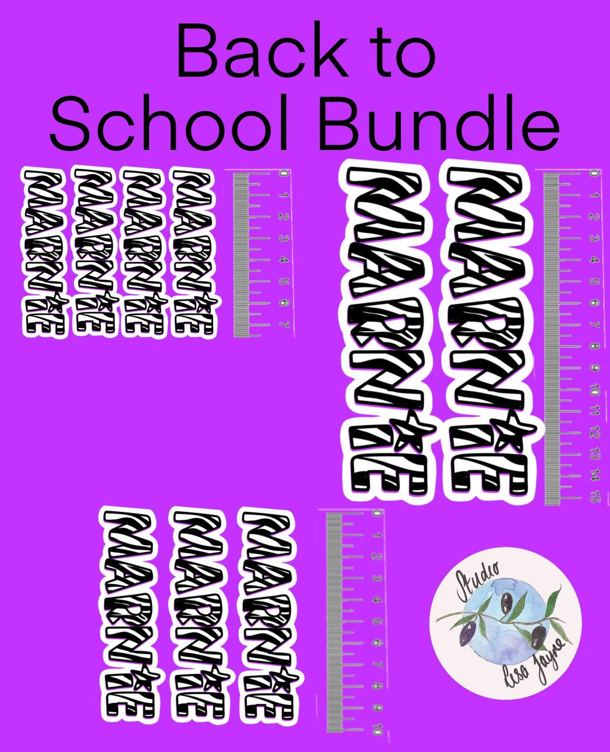 Zebra Print Name Sticker Label Kids - a purple background with black text and ruler