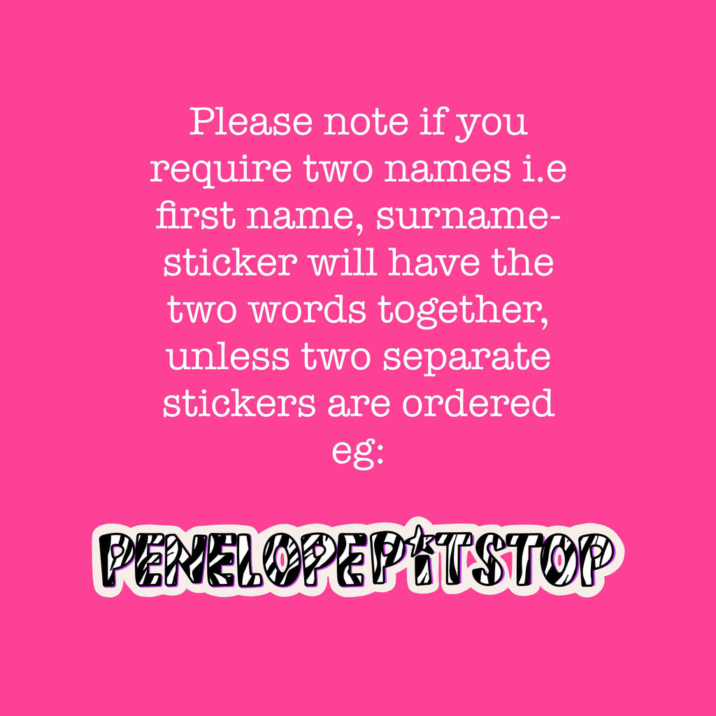 Zebra Print Name Sticker Label Kids - a pink background with white text