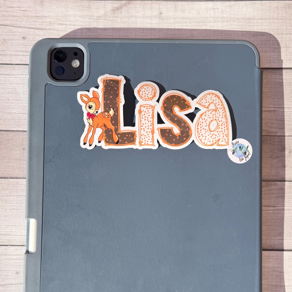 Deer Print Name Sticker Label Kids - a grey tablet with a sticker on it