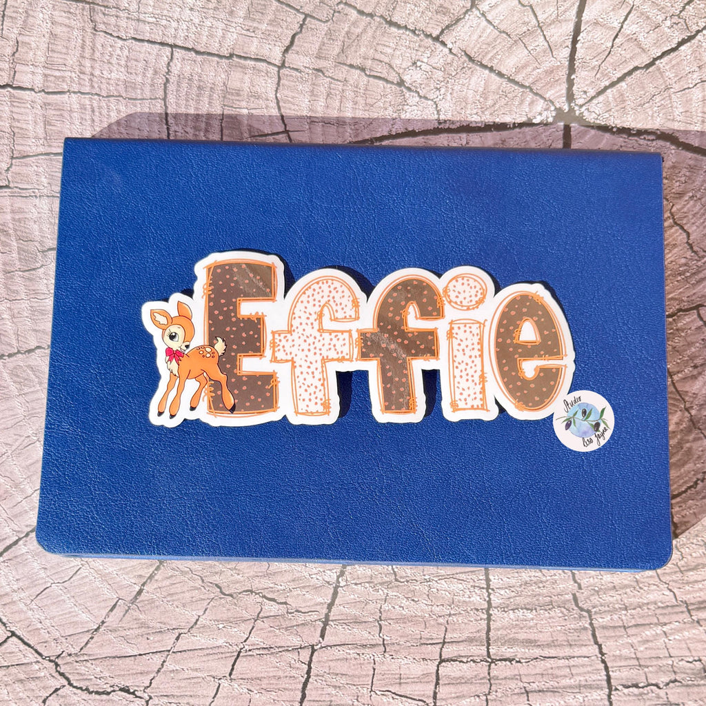 Deer Print Name Sticker Label Kids - a blue rectangular object with a cartoon deer on it