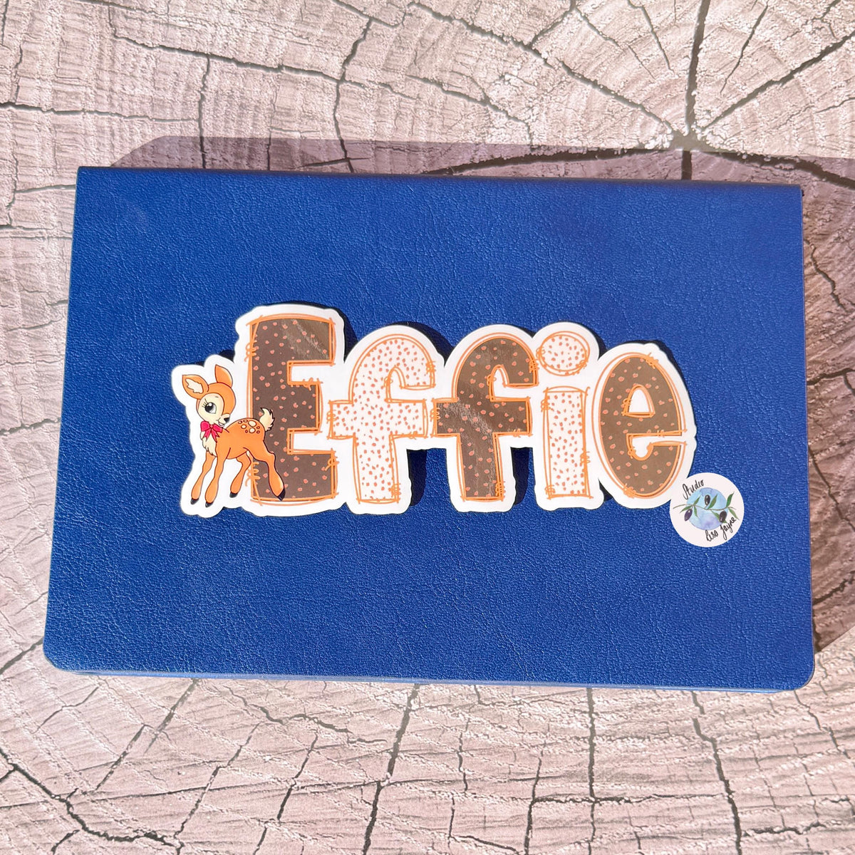 Deer Print Name Sticker Label Kids - a blue rectangular object with a cartoon deer on it