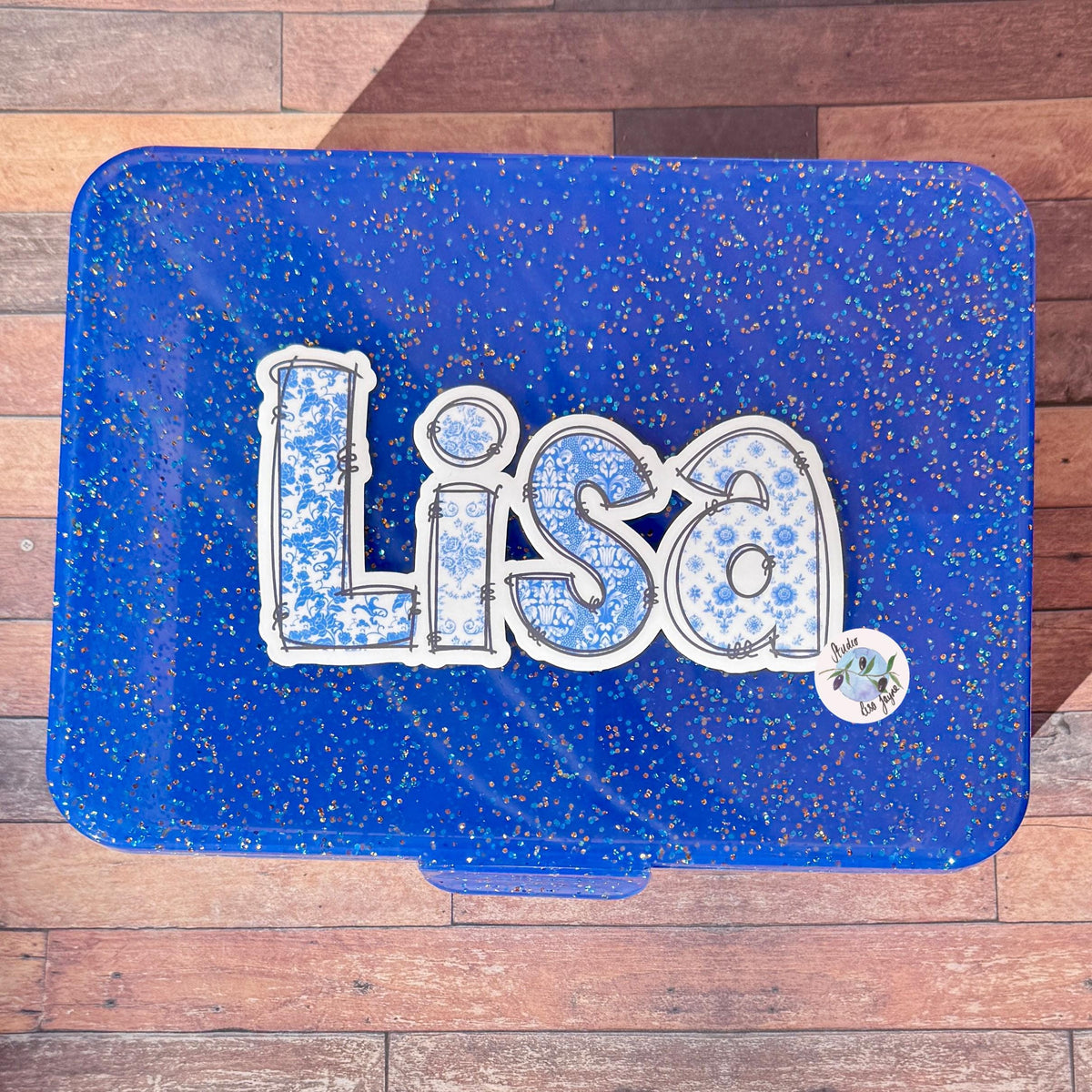 Floral Blue and White Name Sticker Label Kids - a blue lunch box with a Lisa name decal on it