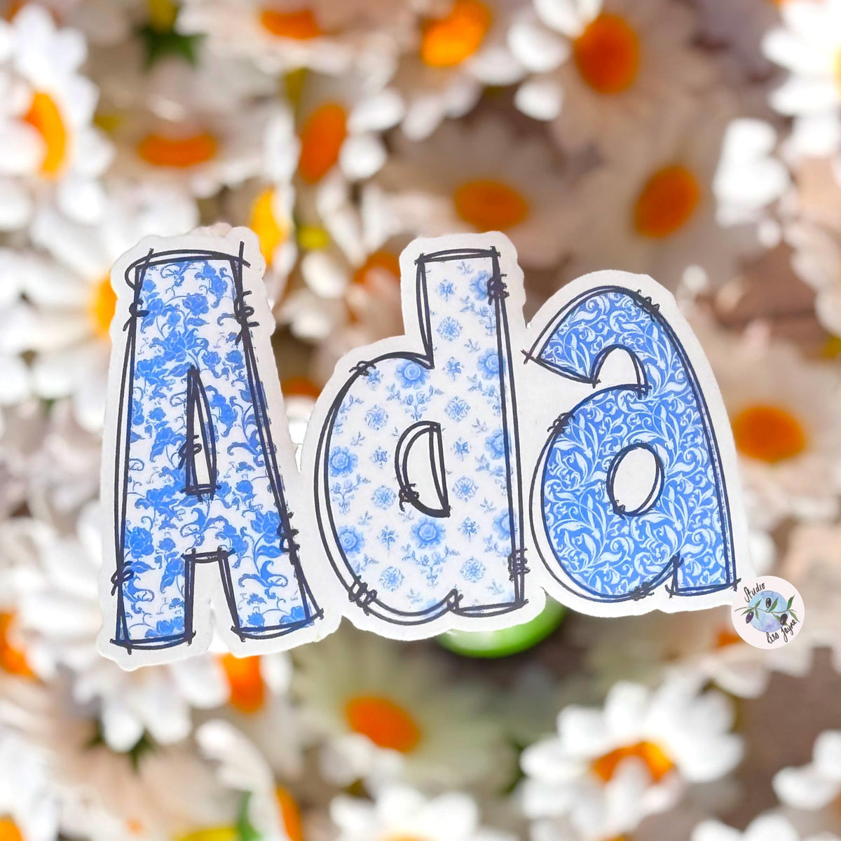Floral Blue and White Name Sticker Label Kids - a blue and white sticker with flowers.  Ada