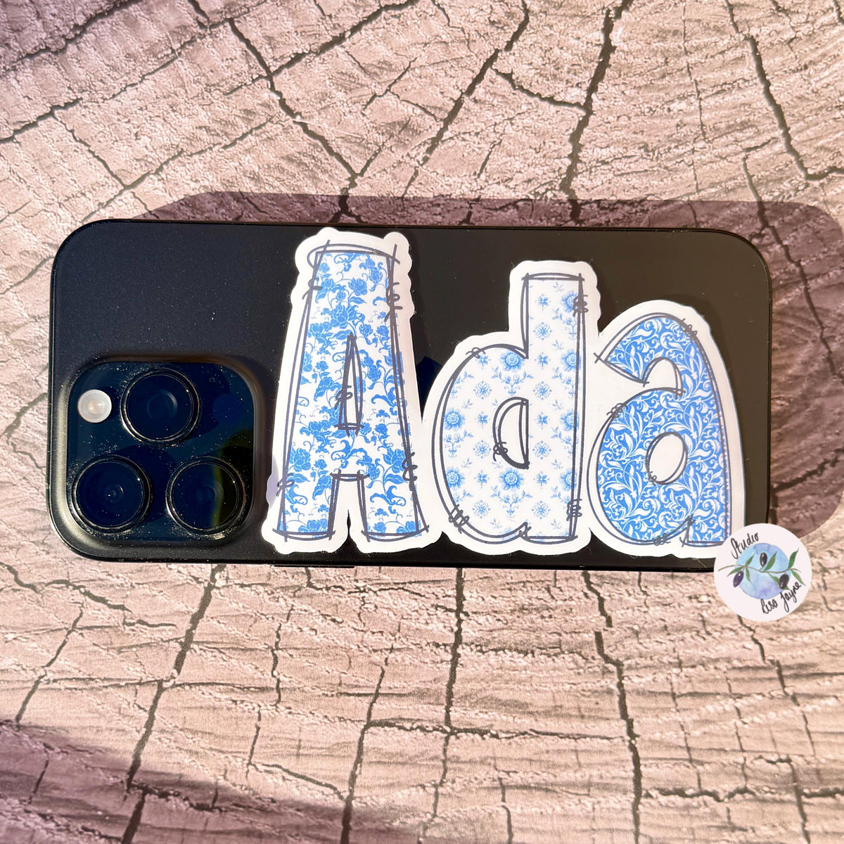 Floral Blue and White Name Sticker Label Kids - a phone case with a name sticker on it